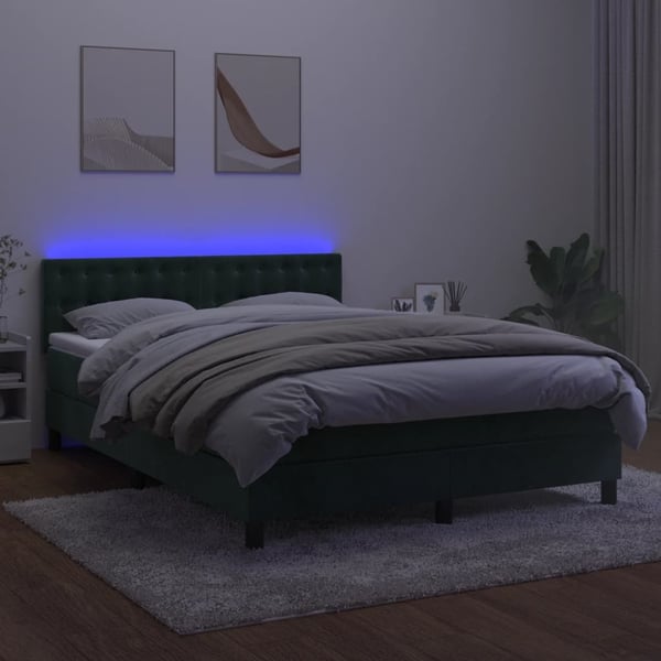 vidaXL kontinentalseng med LED-lys 140x190 cm fløjl mørkegrøn
