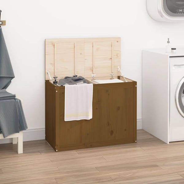 vidaXL vasketøjskurv 88,5x44x66 cm massivt fyrretræ gyldenbrun