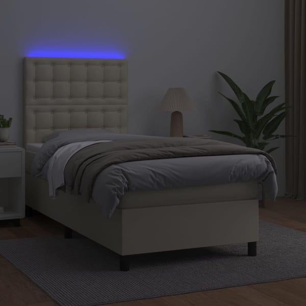 vidaXL kontinentalseng med LED-lys 90x190 cm kunstlæder cremefarvet