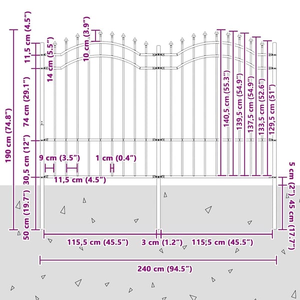 vidaXL havehegn Woerden med spydtop sort 240x150 cm stål