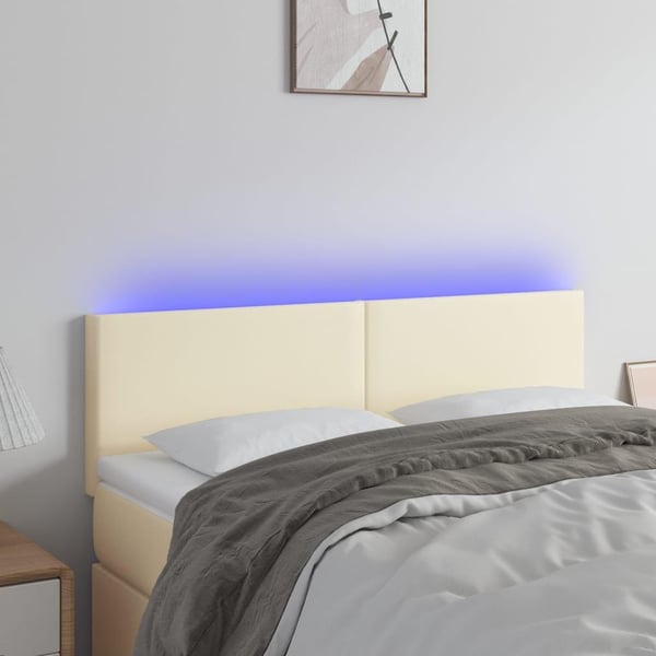 vidaXL sengegavl med LED-lys 144x5x78/88 cm kunstlæder cremefarvet
