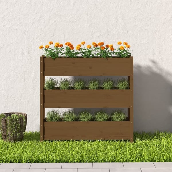 vidaXL plantekasse 112x25x104,5 cm massivt fyrretræ gyldenbrun