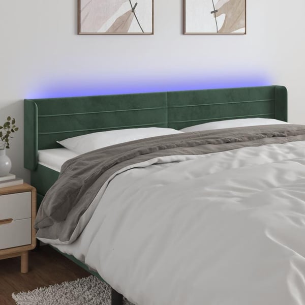 vidaXL sengegavl med LED-lys 183x16x78/88 cm fløjl mørkegrøn