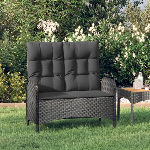 vidaXL havebænk med lænefunktion og hynder 107 cm polyrattan sort