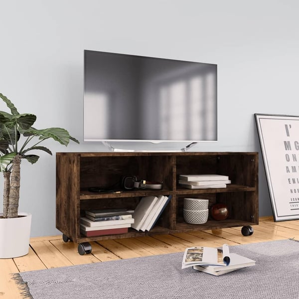 vidaXL TV-benk med hjul røkt eik 90x35x35 cm konstruert tre
