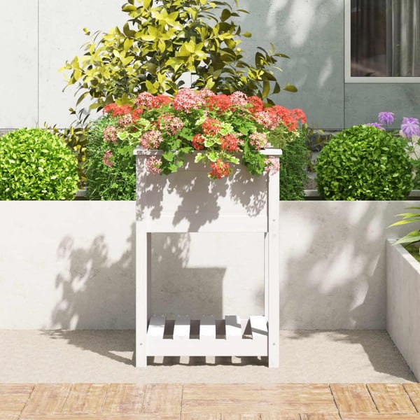 vidaXL plantekasse med hylde 54x54x81 cm massivt fyrretræ hvid