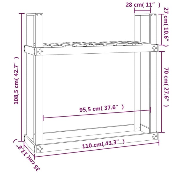 vidaXL brændestativ 1110x35x108,5 cm massivt fyrretræ grå