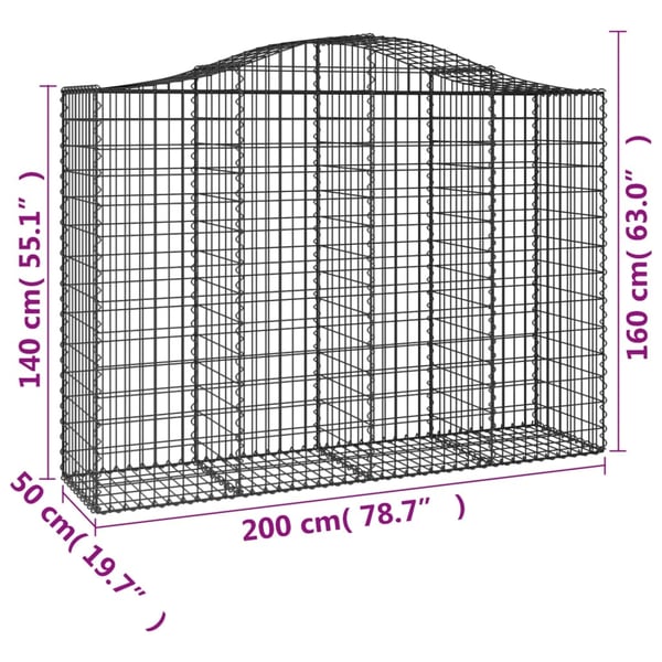 vidaXL buede gabionkurve 2 stk. 200x50x140/160 cm galvaniseret jern