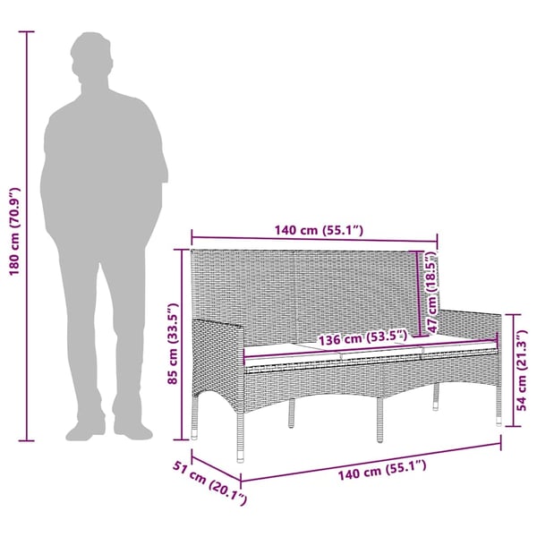 vidaXL 3-personers havebænk med hynder polyrattan sort