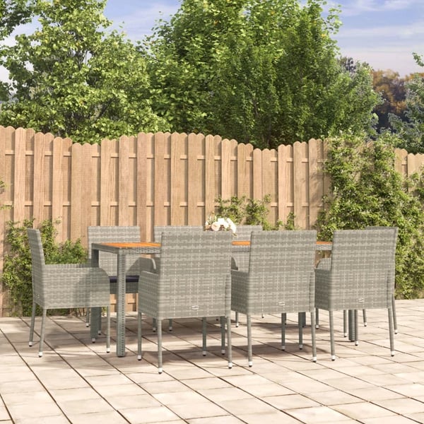vidaXL spisebordssæt til haven 9 dele med hynder polyrattan grå