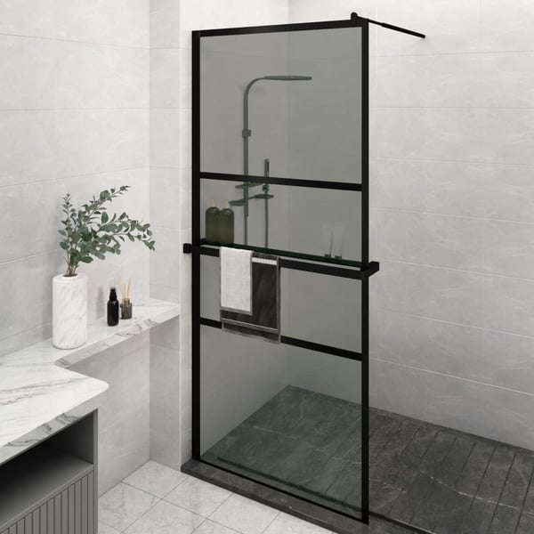 vidaXL Dusjvegg med hylle svart 90x195 cm ESG-glass og aluminium