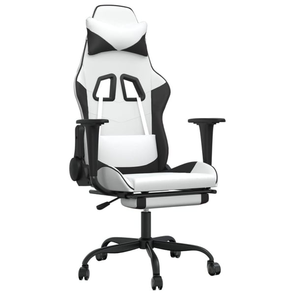 vidaXL Gamingstol med massage och fotstöd vit och svart konstläder
