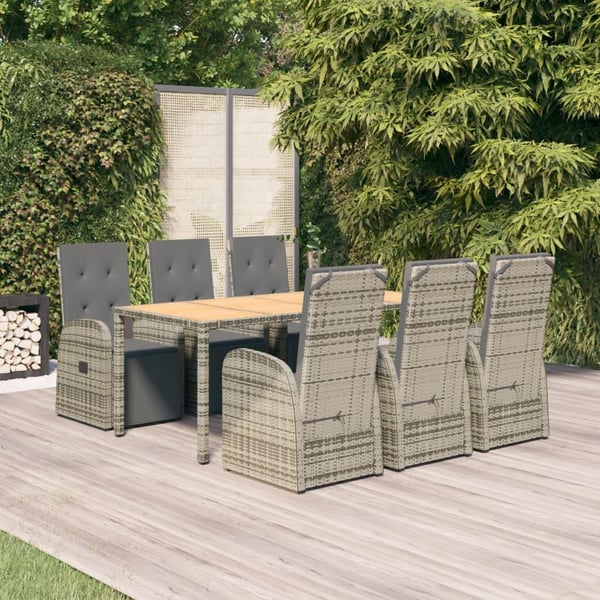 vidaXL spisebordssæt til haven 7 dele med hynder polyrattan grå