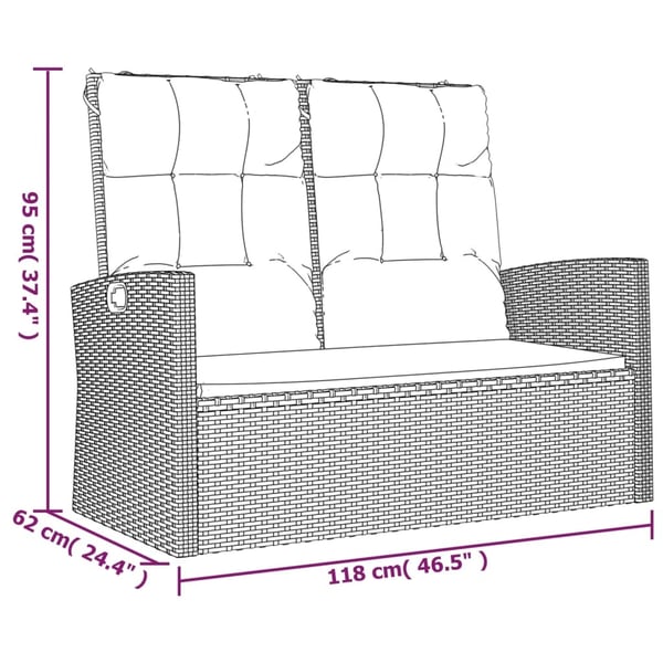 vidaXL havebænk med hynder 118 cm polyrattan sort