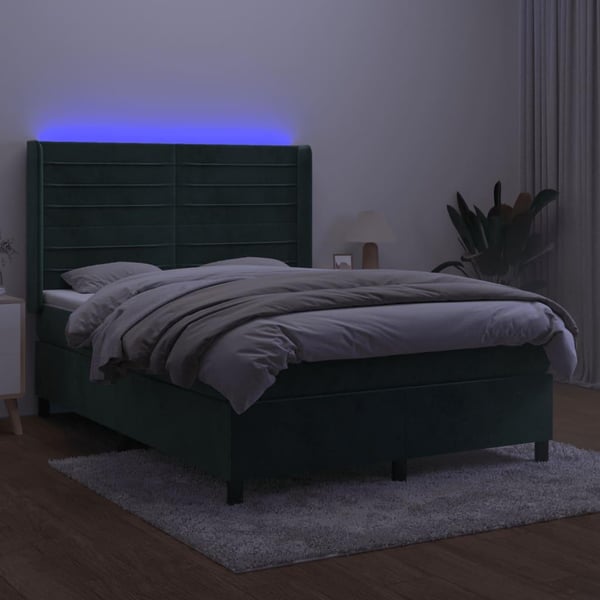 vidaXL kontinentalseng med LED-lys 140x200 cm fløjl mørkegrøn
