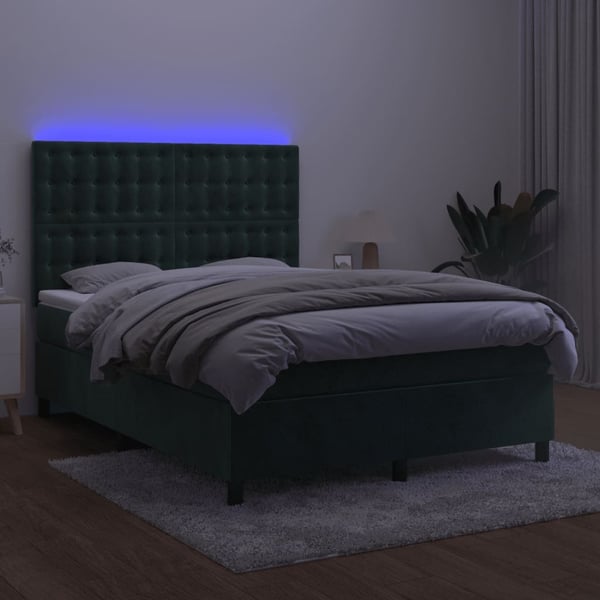 vidaXL kontinentalseng med LED-lys 140x200 cm fløjl mørkegrøn