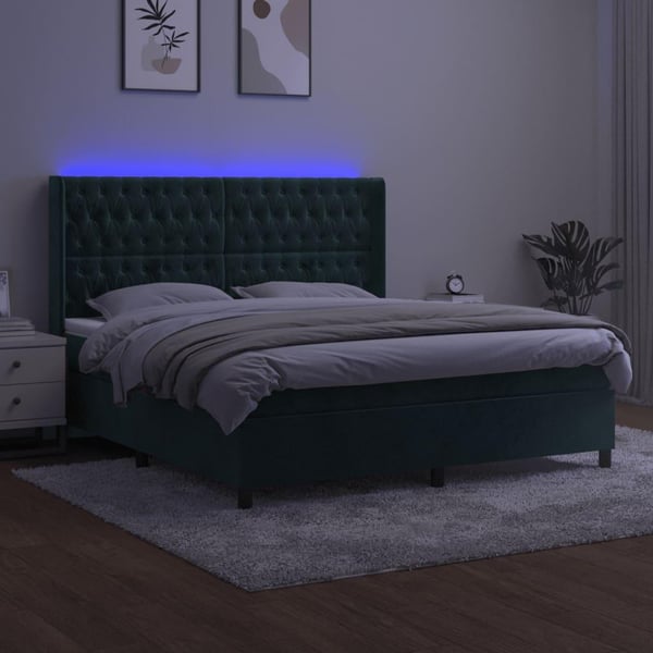 vidaXL kontinentalseng med LED-lys 160x200 cm fløjl mørkegrøn