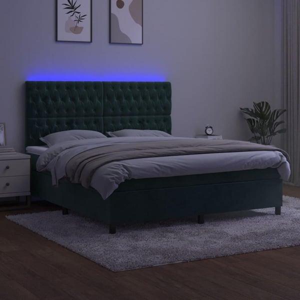 vidaXL kontinentalseng med LED-lys 160x200 cm fløjl mørkegrøn