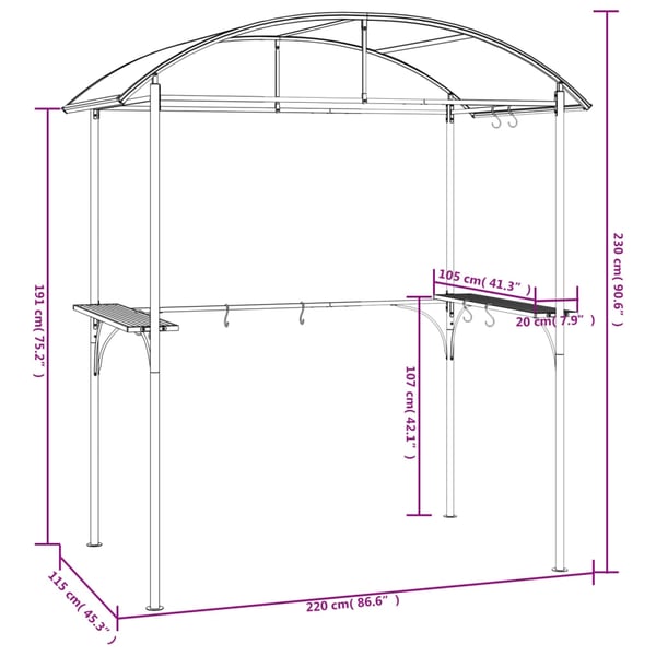 vidaXL Grilltelt med sidehyller antrasitt 220x115x230 cm stål