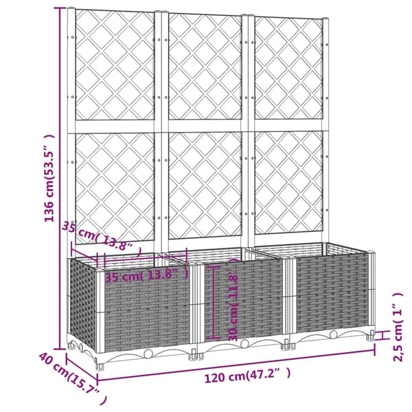 vidaXL Plantekasse med espalier lysegrå 120x40x136 cm PP