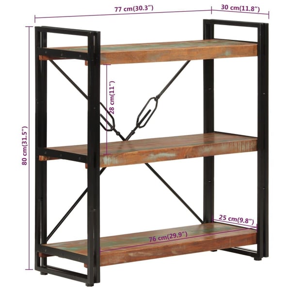 vidaXL bogreol med 3 hylder 77x30x80 cm massivt genbrugstræ og jern
