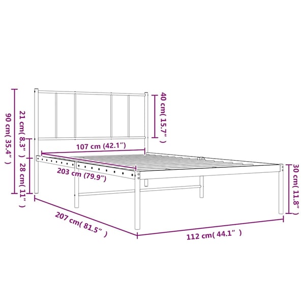 vidaXL Sengeramme i metall med hodegavl hvit 107x203 cm