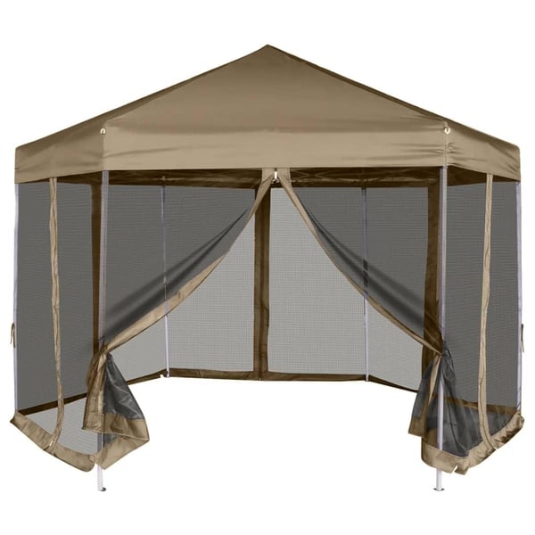 vidaXL Popup telt med sidevegger sekskantet 3,6x3,1 m gråbrun 220g/m²