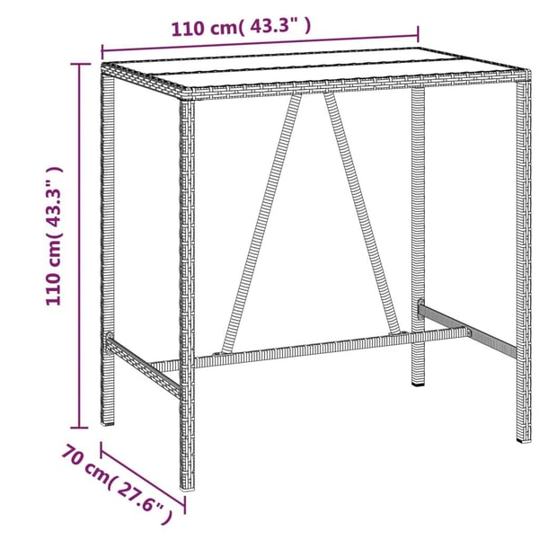 vidaXL barbord med glasplade 110x70x110 cm polyrattan brun