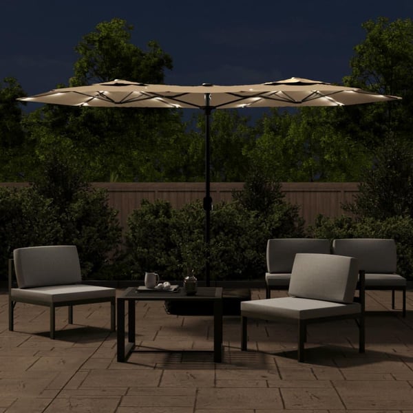 vidaXL parasol med dobbelt parasoldug og LED-lys 316x240 cm gråbrun
