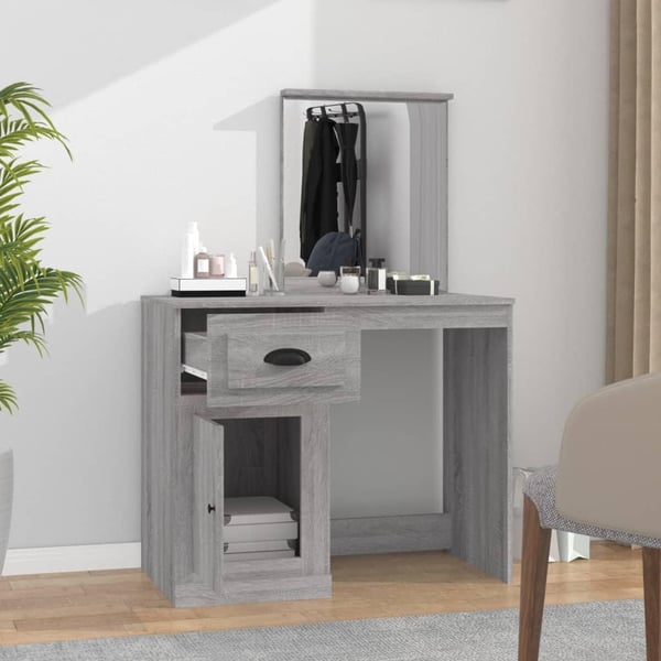 vidaXL makeupbord med spejl 90x50x132,5 cm konstrueret træ grå sonoma