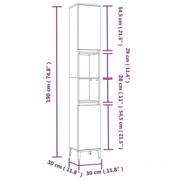 vidaXL Baderomsskap grå sonoma eik 30x30x190 cm konstruert tre
