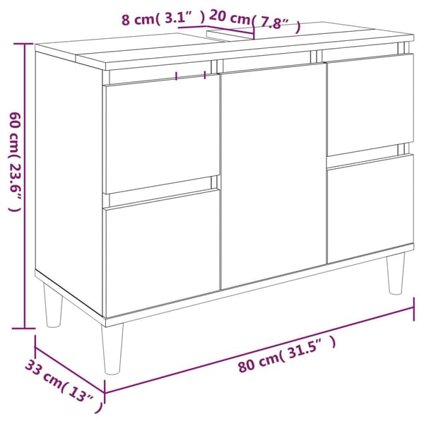 vidaXL Servantskap hvit 80x33x60 cm konstruert tre