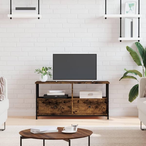 vidaXL TV-benk røkfarget eik 90x33x45 cm konstruert tre og jern