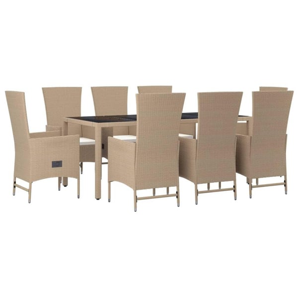 vidaXL spisebordssæt til haven 9 dele med hynder polyrattan beige