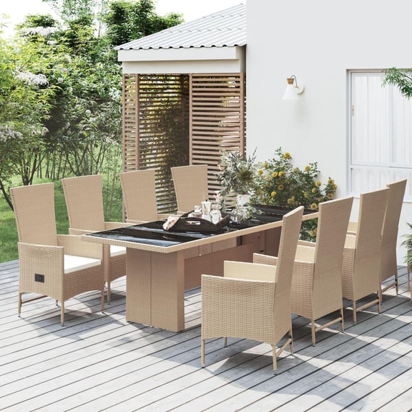 vidaXL spisebordssæt til haven 9 dele med hynder polyrattan beige