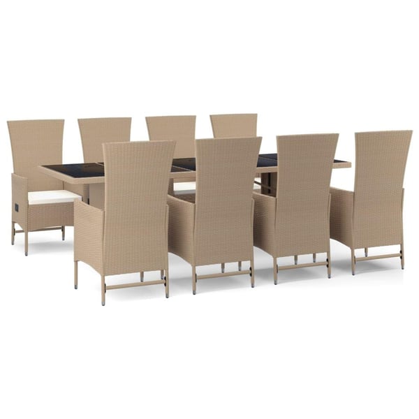 vidaXL spisebordssæt til haven 9 dele med hynder polyrattan beige