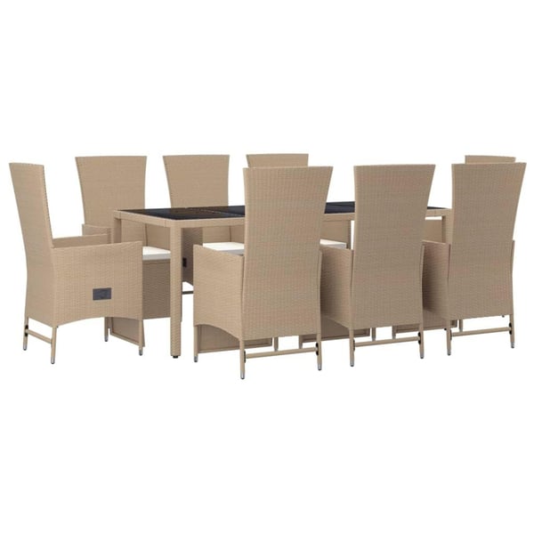 vidaXL spisebordssæt til haven 9 dele med hynder polyrattan beige