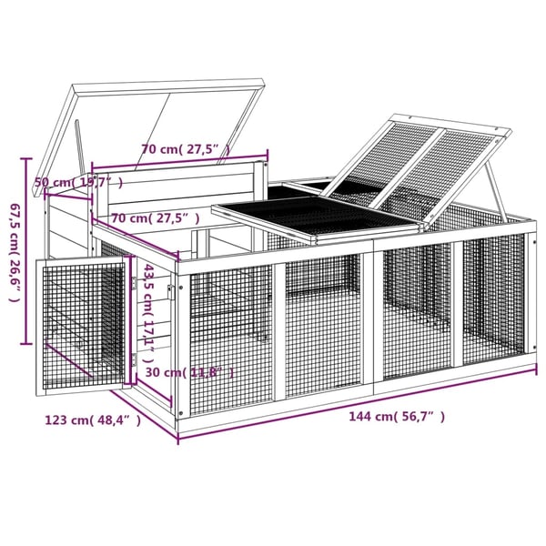 vidaXL Kaninbur grå 144x123x67,5 cm heltre furu