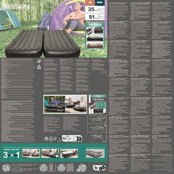 Bestway Oppblåsbar luftseng 3-i-1 svart og grå 188x99x25 cm