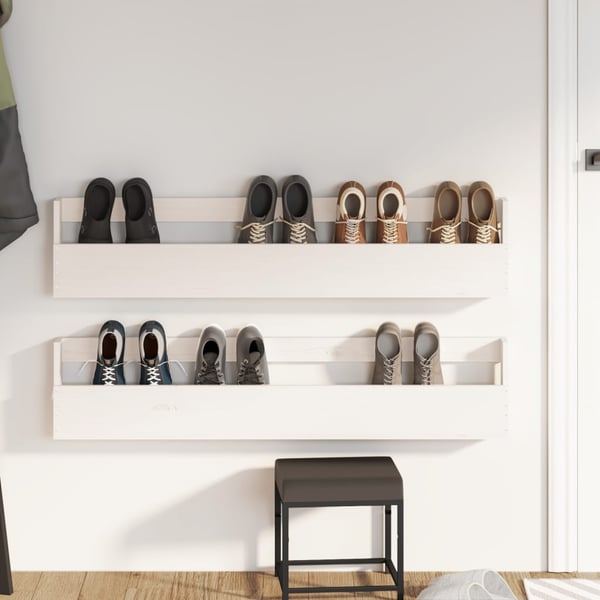 vidaXL Veggmonterte skohyller 2 stk hvit 110 x 9 x 23 cm heltre furu