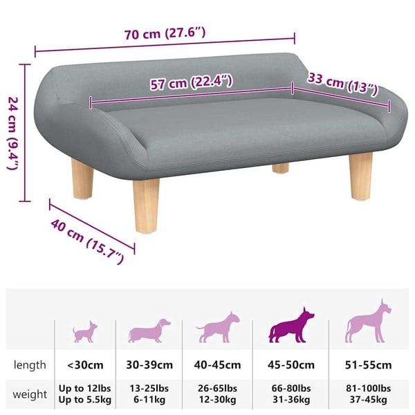 vidaXL hundeseng 70x40x24 cm stof lysegrå