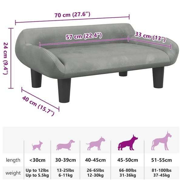 vidaXL hundeseng 70x40x24 cm velour lysegrå