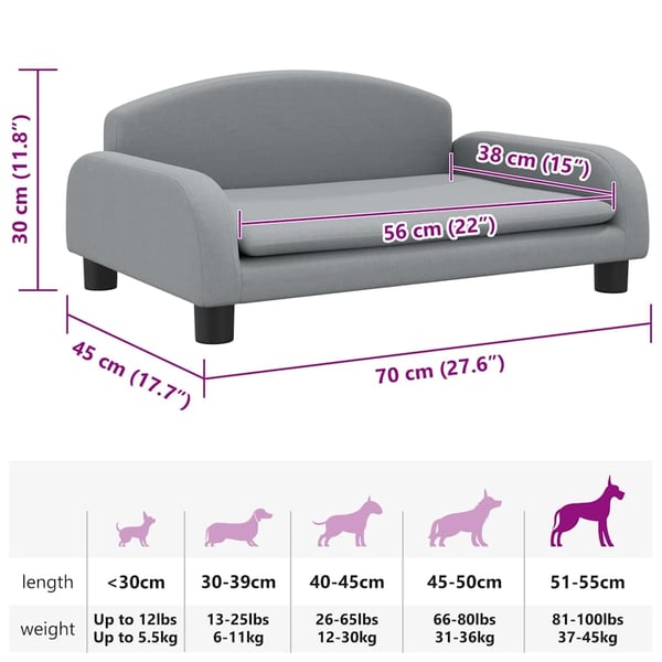vidaXL hundeseng 70x45x30 cm stof lysegrå