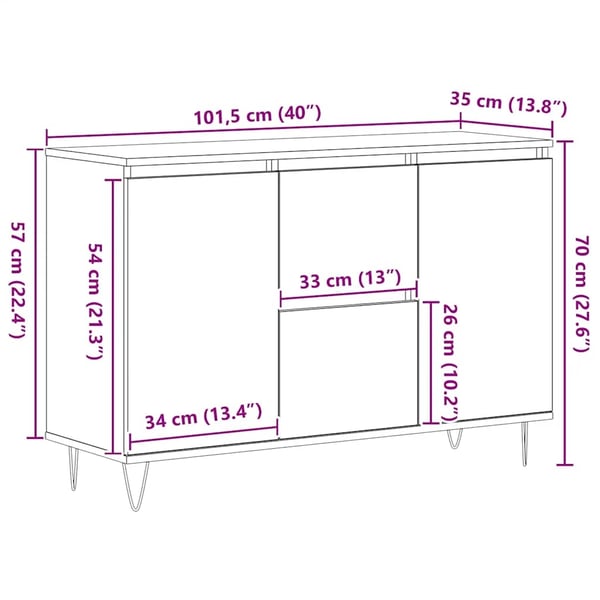 vidaXL Skjenk hvit 101,5x35x70 cm konstruert tre