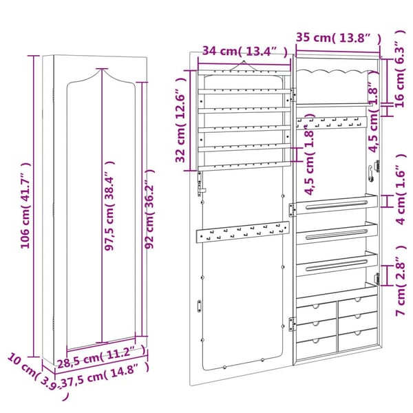 vidaXL Vegghengt smykkeskap med speil hvit 37,5x10x106 cm