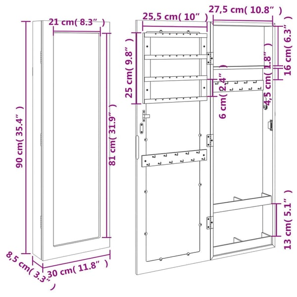 vidaXL Vegghengt smykkeskap med speil svart 30x8,5x90 cm