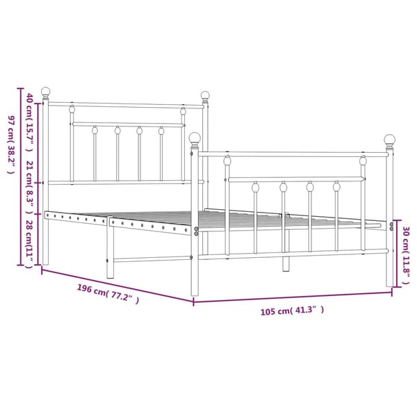 vidaXL Sengeramme i metall med hode- og fotgavl hvit 100x190 cm