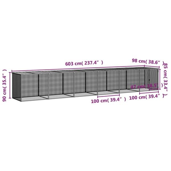 vidaXL Kyllingbur med tak lysegrå 603x98x90 cm galvanisert stål