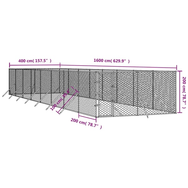 vidaXL Utendørs hundekennel sølv 4x16x2 m galvanisert stål