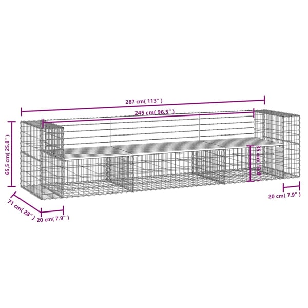 vidaXL havebænk med gabiondesign 287x71x65,5 cm imprægneret fyrretræ